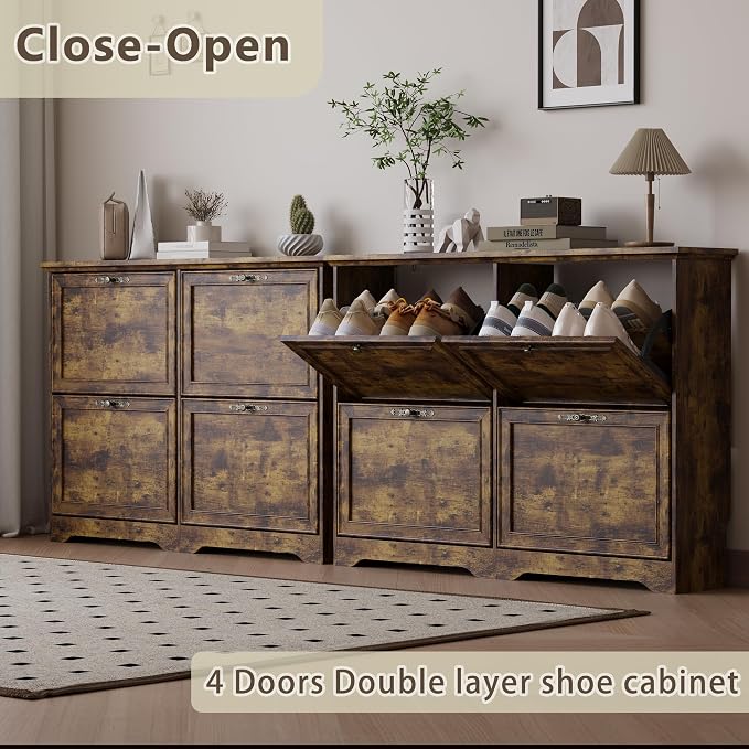 BORNOON Large Shoe Cabinet for Entryway, 4 Flip Drawer Organizer with Adjustable Shelves, Wooden Slim Shoe Storage Cabinet and Rack for Closet, Hallway, Foyer - Image 4