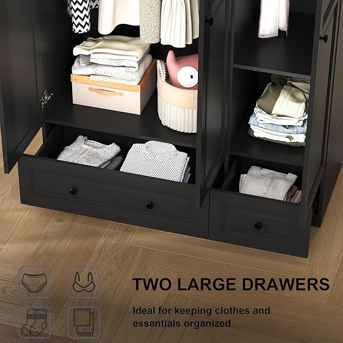 Armoire Wardrobe Closet with Drawers: 74" Black Wardrobe Close with 3 Doors, Tall Armoire with Hanging Rod, Large Wood Clothes Cabinet for Bedroom (Black, 47")