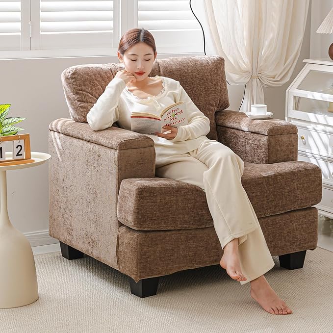Oversized Accent Chair with Armrest Organizer,Living Room Chairs with 7.8'' Cushion,Upholstered Modern Armchair,Big Reading Chair,Comfy Sofa Chair for Bedroom,Chenille,Brown