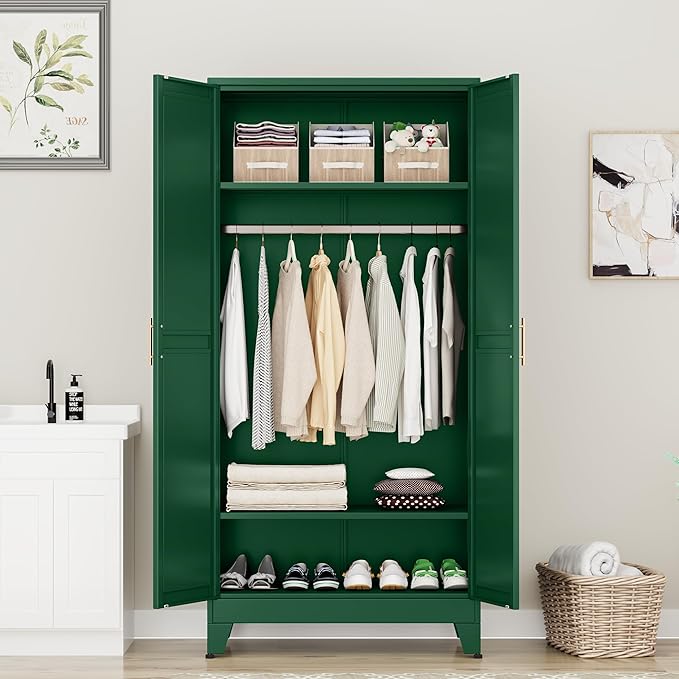 Ckzbx 71" H Metal Armoire Wardrobe Closet, Adjustable Shelve, Clothes Drying Pole, Steel Wardrobe Cabinet for Bedroom (Green)