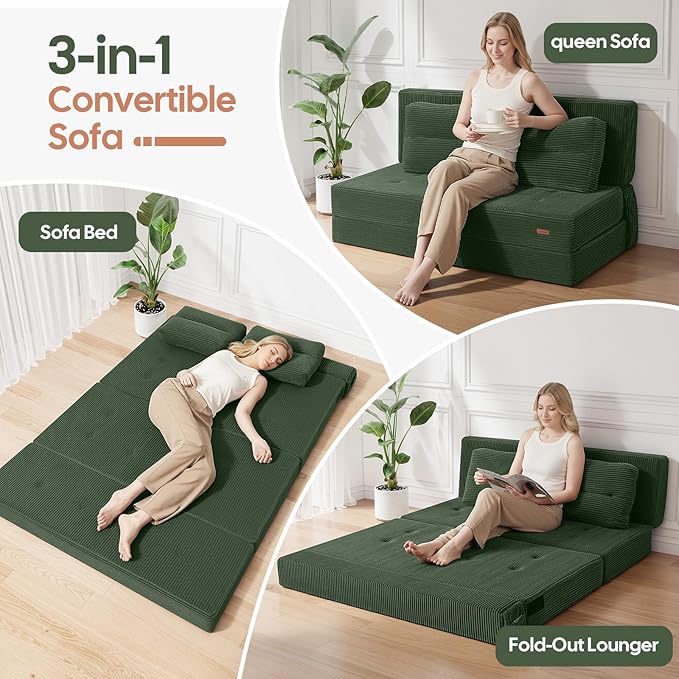 COMAX Folding Sofa Bed, Foldable Couch for Bedroom, Convertible Floor Sleeper Futon Chair Foam, Corduroy 3 in 1 Fold Out Chair Portable Comfy Lounge Couch Sofa Bed for Small Space, Full, Green