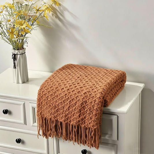 CREVENT Farmhouse Boho Knitted Throw Blanket for Couch Sofa Chair Bed Home Decoration, Soft Warm Cozy Light Weight for Spring Summer Fall (60''X80'' Caramel/Rust Burnt Orange)