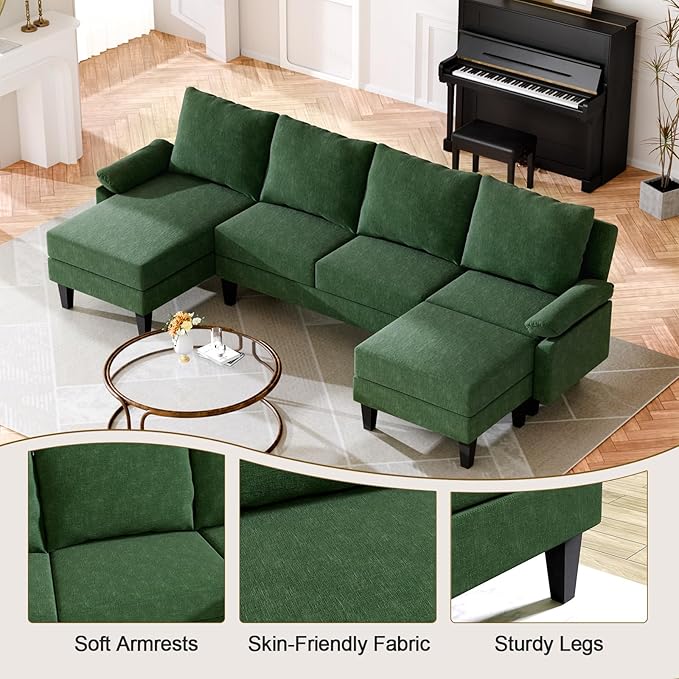 Sectional Couches for Living Room Furniture Sets, 4 Seat Modular Sectional Sofas for Living Room Set with Removable Ottoman, L Shaped Couch Set with 2 Armrest for Apartment, Green