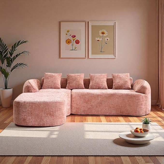 L Shaped Compression Sofa, Modular Couch with Curved Armrests & 4 Coordinating Pillows, Modern 101'' Chenille 4 Seater Sofa with Wide Seat for Living Room, Bedroom, No Assembly, Pink