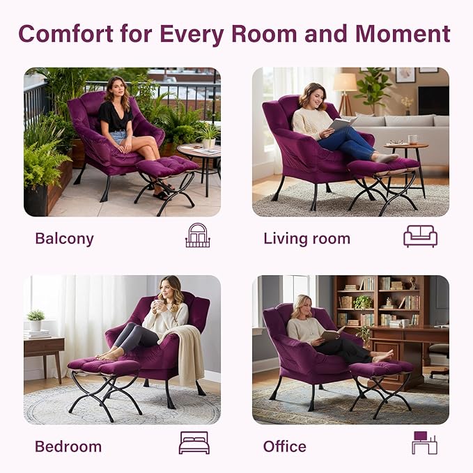 Lazy Chair with Ottoman, Modern Accent Chair Lounge Leisure Sofa Chair with Armrests, Reading Chair and Folding Footstool for Living Room, Bedroom, Office, Plush Pink