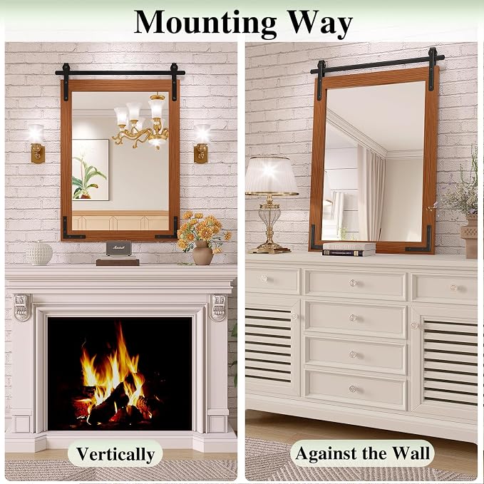 Farmhouse Mirror for Wall, 22x30 Inch Brown Wood Framed Rectangle Bathroom Vanity Mirror, Barn Door Style Mirrors Decor Mirror for Living Room Bedroom Entryway - Image 5