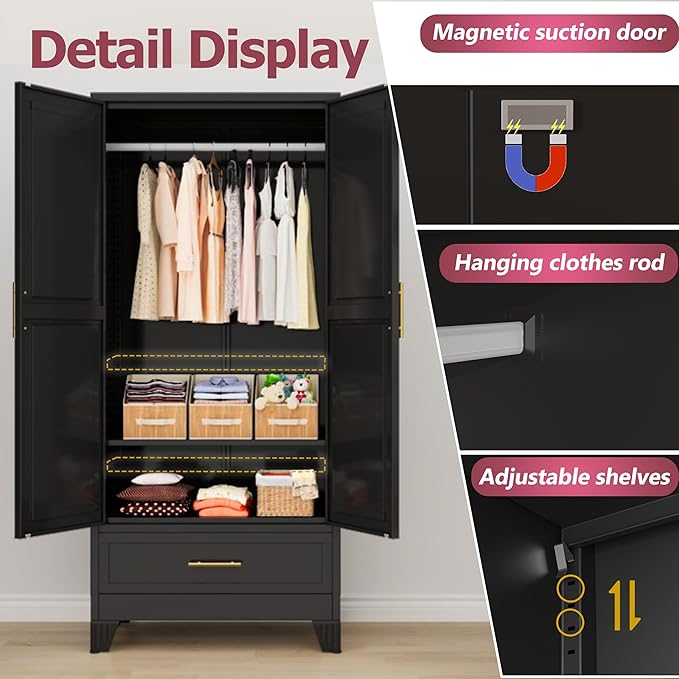 GAIOUS Steel Armoire Wardrobe Closet, 71" Household Wardrobe Cabinet with 2 Doors, 1 Adjustable Shelf and 1 Drawers, Metal Clothing Storage Cabinet with Hanging Rod for Bedroom, Cloak Room,Gym(Black)