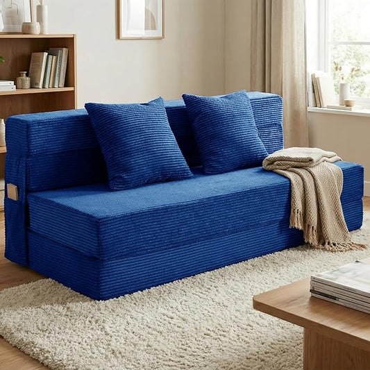 Queen Size Folding Sofa Bed - 4 in 1 Convertible Sleeper Chair with Two Pillows - High Density Memory Foam Futon Couch - Foldable Bed for Living Room Bedroom (Blue)