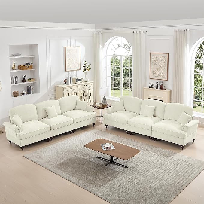 KEIKI Mid Century Modular Sofa with Flared Arms and Skirted Design, 107” Oversized 3-Seater Chenille Sectional Couches Set for Living Room, Modern Comfortable for Living Spaces, Beige White