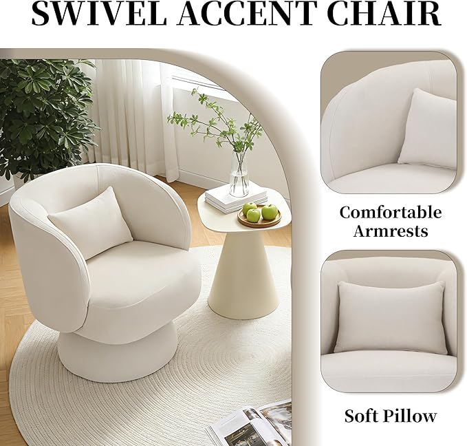 ClinQ Swivel Barrel Chair with Pillow Set of 3, Cloud Velvet Accent Chair, Upholstered Cuddle Reading Lounge Chair, 360° Modern Boucle Swivel Curved Armchair for Living Room, Bedroom, Office, White