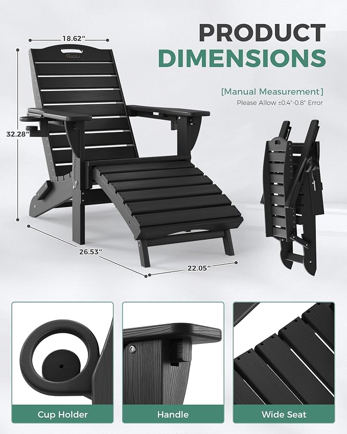 Adjustable Adirondack Chairs Set of 2 with Retractable Ottoman, HDPE Folding Adirondack Chair with Cup Holders, Weather Resistant for Backyard, Poolside & Fire Pit (Black) - Image 3