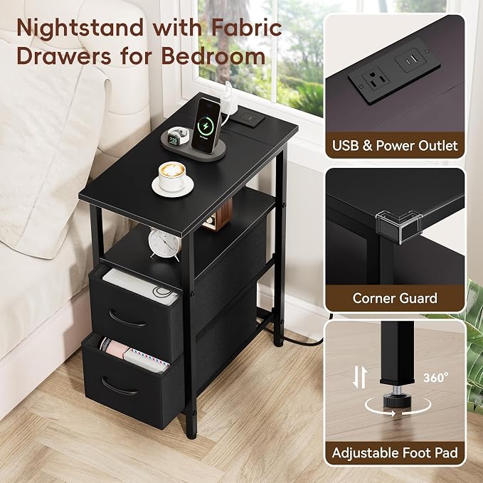 Vagusicc End Table with Charging Station Set of 2, Narrow Side Table, 23.8'' Tall Nightstand with 2 Drawers, Small Sofa Side Table Narrow Nightstand for Small Spaces, Living Room, Bedroom, Black - Image 5