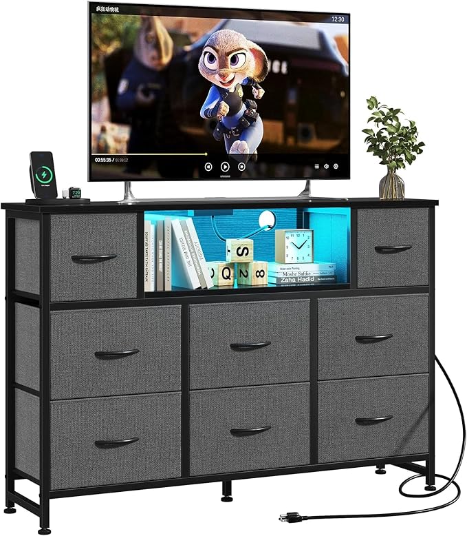 Simple Deluxe TV Stand Dresser with 8 Fabric Drawers and Open Shelves, Entertainment Center with LED Lights & Charging Station, Wood Top for 45" -55" TV, for Bedroom/Living Room/Hallway, Grey