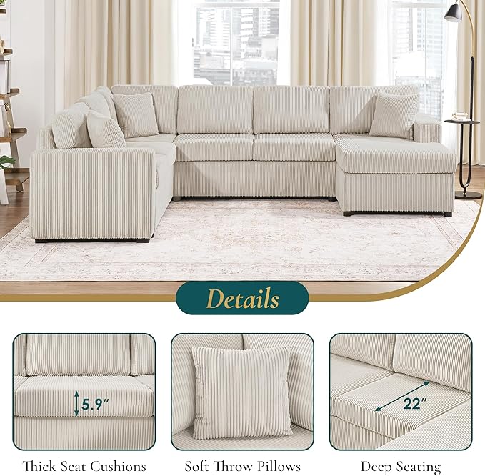 Eafurn Oversized U Shaped Modular Sectional Sofa, 115" Oversized Corduroy Upholstered Couch with Spacious Chaise Lounge & 3 Throw Pillows for Living Room, Apartment, Office