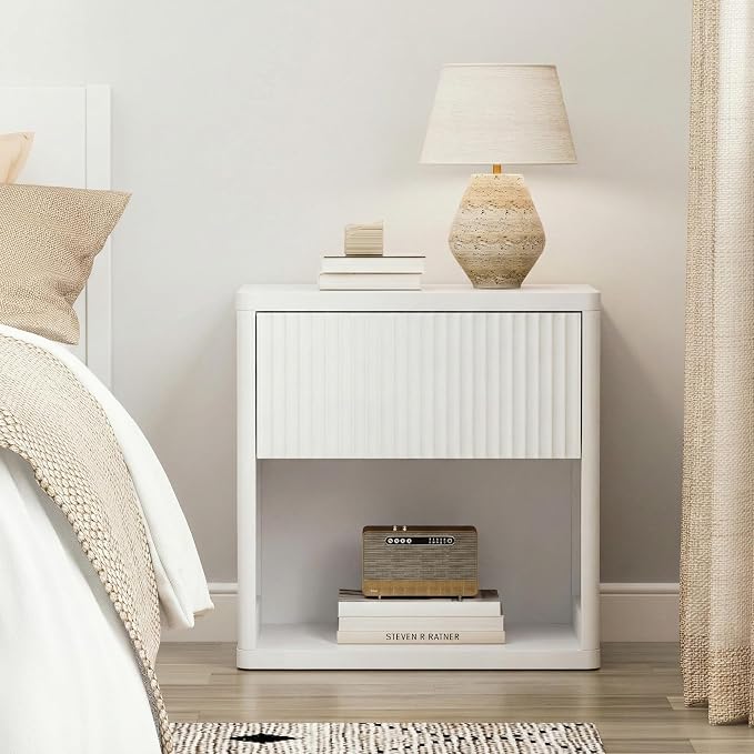 XIAO WEI Set of 2 White Fluted Nightstands with Hidden Drawer, 22.8" Wide Modern Bedside Table with Open Shelf, Large White Accent End Table, Curved Safety Profile Design - Image 2