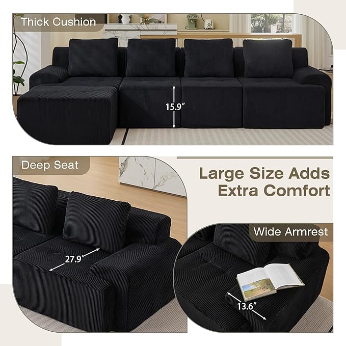Modular Sectional Sofa, Boneless Couches for Living Room, Corduroy Couch, Big Comfy Couch, Modular Cloud Sofa with Deep Seat (Black, 5 Pieces-L Shape)