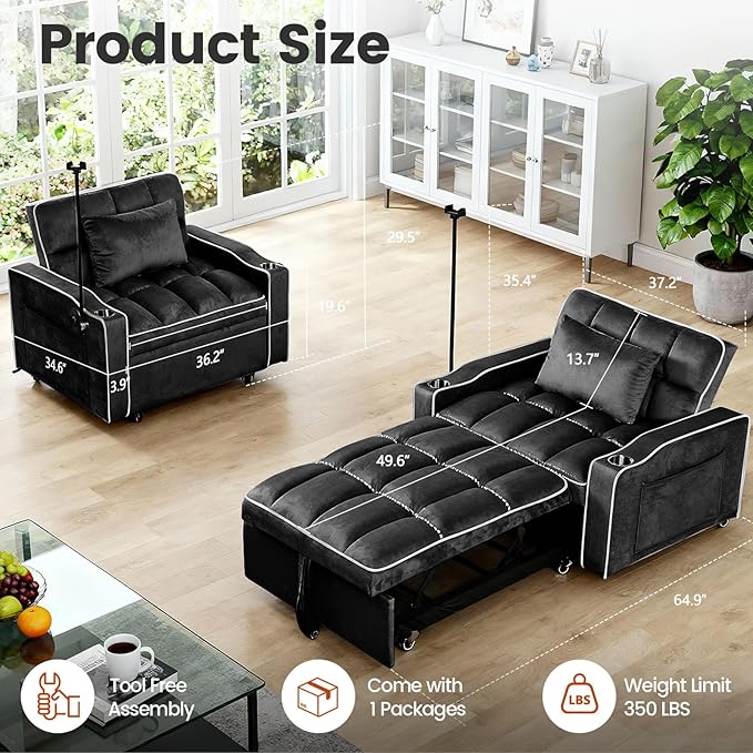 Sleeper Chair, Convertible Pull Out Chair Sleeper with Bracket and Cup Holder, Chairs Bed Sleepers for Adults, 3 in 1 Sofa Bed Chairs for Small Spaces, Living Room, Black