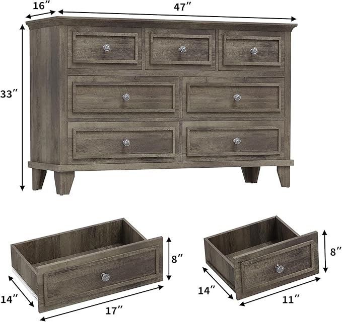 GAOMON Grey Dresser, 7 Drawer Dresser for Bedroom, 47" W Chest of Drawers with Deep Drawers, Closet Dressers with Metal Handle, Thickened Desktop, Wood Rustic Drawers for Hallway, Entryway, Closet - Image 2
