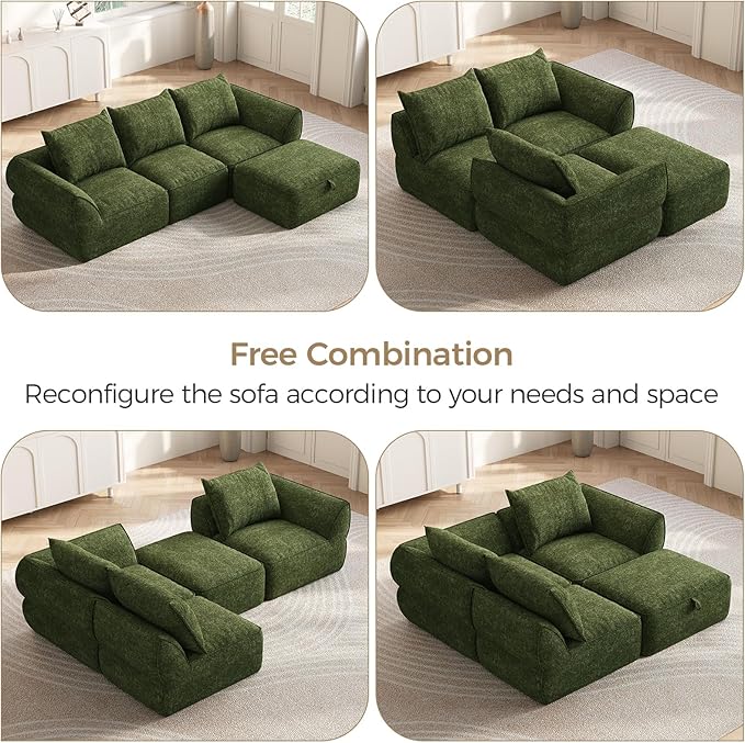 104" Modular Sectional Sofa with Deep Seat, Comfortable Upholstery L Shaped Cloud Couch for Living Room, 3-Seater Boneless Sofa with Movable Ottoman, Removable Cover, No Assembly Required, Algae Green