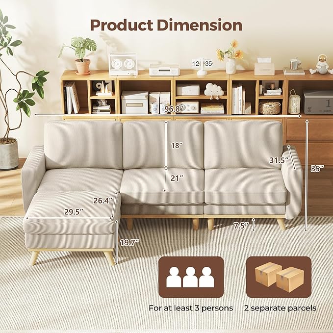 97" Light Gray Corduroy Modular Sectional Sofa, L-Shaped Couch with Movable Ottoman & Spring Cushion, Deep Seat Modular Sofa for Living Room Bedroom Apartment