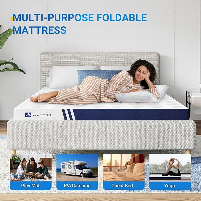 Avenco Trifold Mattress, 4 Inch Folding Mattress Queen Size, Memory Foam Foldable with Removable Cover & Detachable for Floor Bed, Camping, Guest
