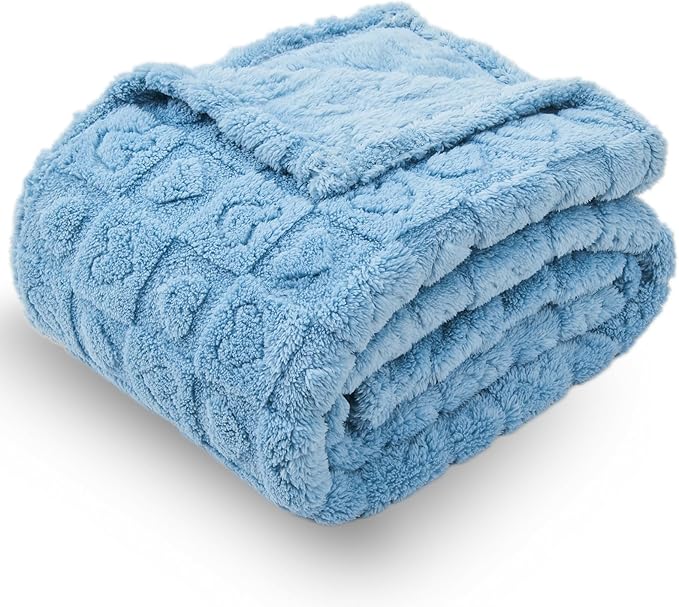 NEWCOSPLAY Super Soft Queen Blanket Blue Premium Silky Flannel Fleece 3D Heart Checkered Lightweight Bed Blanket All Season Use (Blue Heart, Queen(90"x90"))