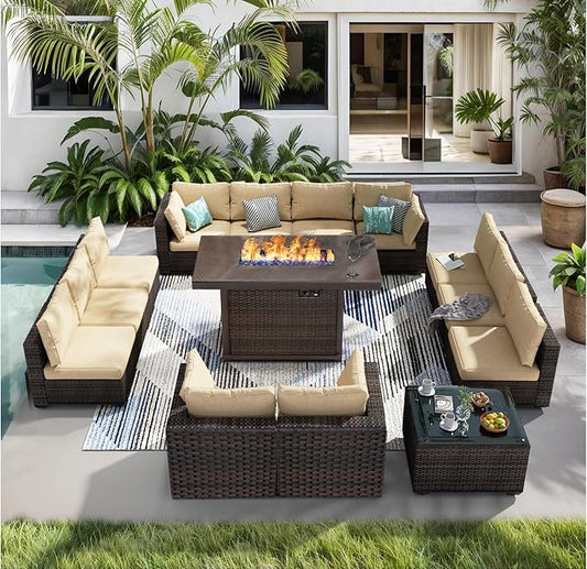 Patio Furniture Set 14 Pieces with 44" Fire Pit Table, Rattan Outdoor Sectional Conversation Sets, All Weather Outdoor Furniture Set with Cushions for Garden Lawn Balcony Porch Deck Beige