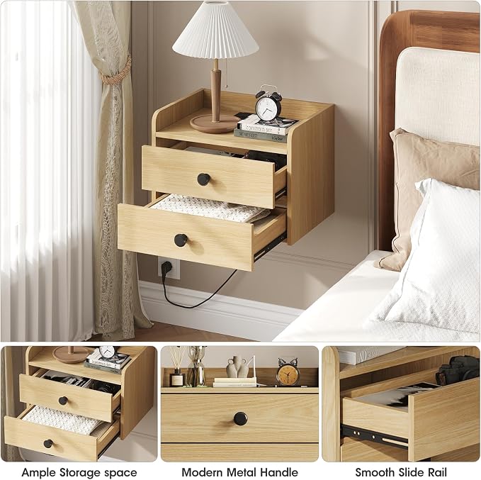 Floating Nightstand Set of 2 with 2 Storage Drawers and Charging Station Wood Wall Mounted Bedside End Table Modern Night Stands Set 2 for Bedroom,Small Space,Natural - Image 5