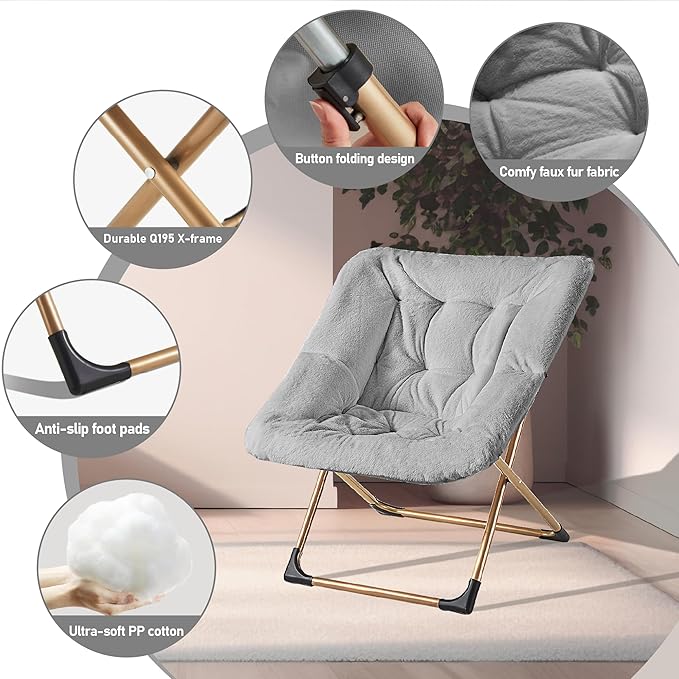 Youtanic Comfy Oversized Saucer Chair, Soft Faux Fur Reading Lounge Chair for Adults, Stable X-Large Metal Frame and Non-Slip Pad, Foldable Cozy Chairs for Bedroom, Living Room, Dorm, Light Gray