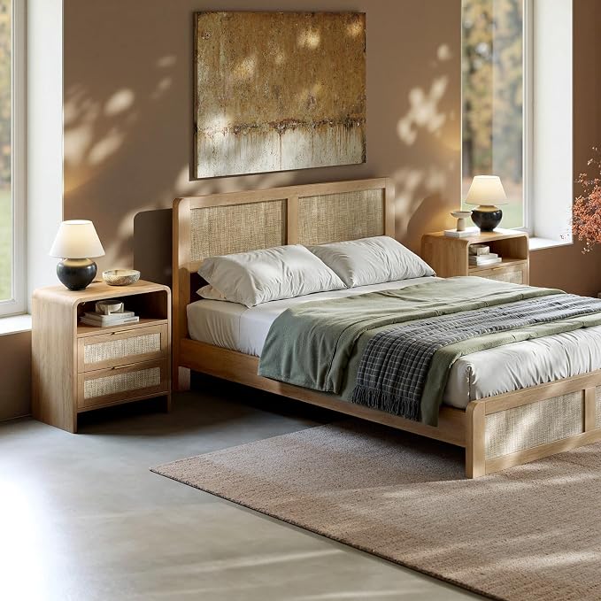 Evermagin Rattan Nightstand Set of 2 with Charging Station, 23" Large Oak Night Stand with 2 Rattan Drawers, Boho Bedside Table Tall End Table with Outlet for Bedroom - Image 4