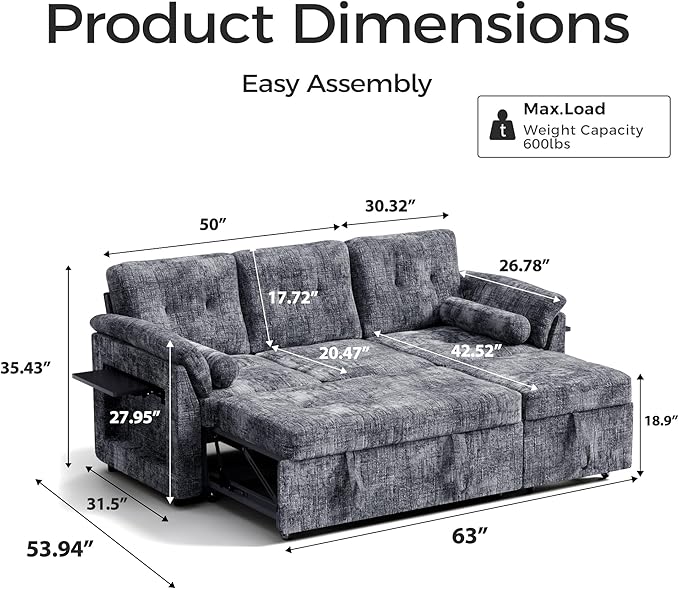 3 in 1 Convertible Sofa Bed, Chenille Pull Out Couch with Side Table, 3 Seat Pull Out Sofa Bed with Level Adjustable Backrest, Comfy Sleeper Sofas for Living Room, Apartment, Gray