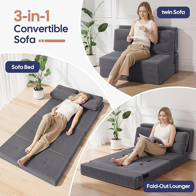 COMAX Folding Sofa Bed, Foldable Couch for Bedroom, Convertible Floor Sleeper Futon Chair Foam, Corduroy 3 in 1 Fold Out Chair Portable Comfy Lounge Couch Sofa Bed for Small Space, Twin, Grey