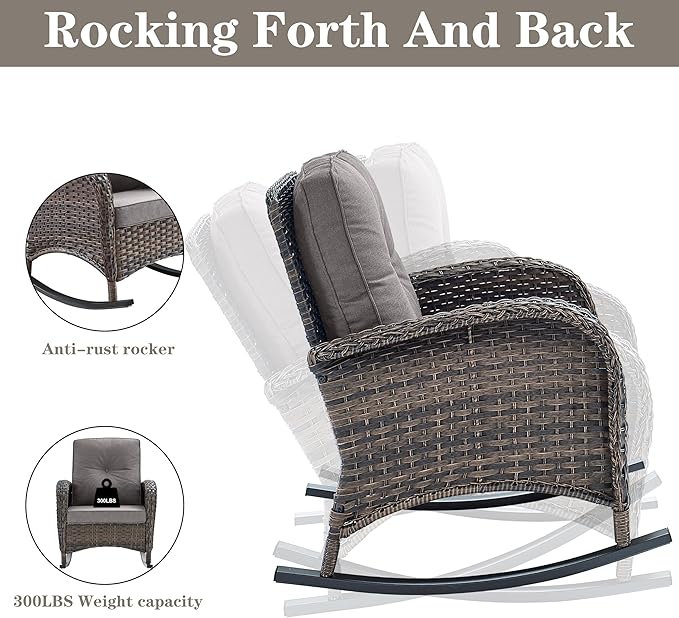 Belord 5 Piece Outdoor Conversation Patio Furniture Set - All-Weather Wicker Patio Rocking Chairs with Loveseat Glider Chair and Coffee Table for Patio Deck Porch Backyard Gray Cushion