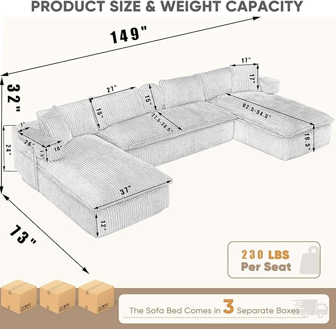 149" Oversized U Shaped Cloud Modular Sectional Sofa Boneless Couch with Double Chaise,Free Combination Convertible Floor Sofa Bed with Storage Pockets and Pillows | No Assembly