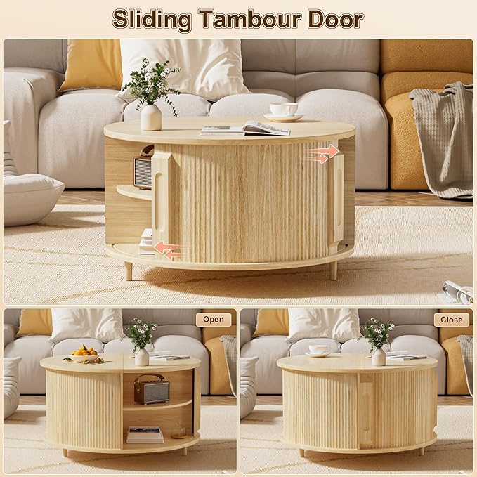 Round Lift Top Coffee Table, 31.5" Fluted Wood Accent Coffee Table with 180° Curved Sliding Door, Hidden Storage, Mid Century Modern Center Table for Living Room Office Small Spaces, Oak