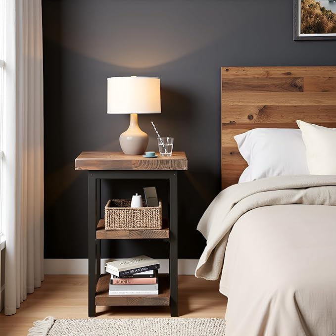 Alaterre Furniture Pomona Living Room Tables – 3-Tier Solid Wood End Table with Metal Legs & Storage Shelves – Modern Rustic Industrial Space-Saving Side Table or Nightstand (Rustic Brown)