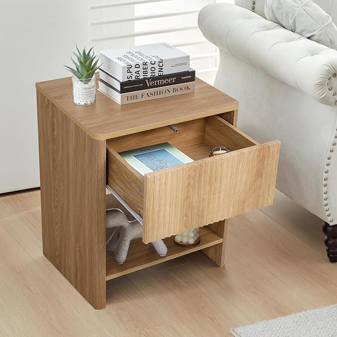 Modern Night Stand Set 2 with Drawer, Boho Nightstand for Bedroom, Small End Table with Storage, Living Room/Bed Side Table with Drawer for Small Spaces, Fluted Cabinet Wood Nightstand - Image 4