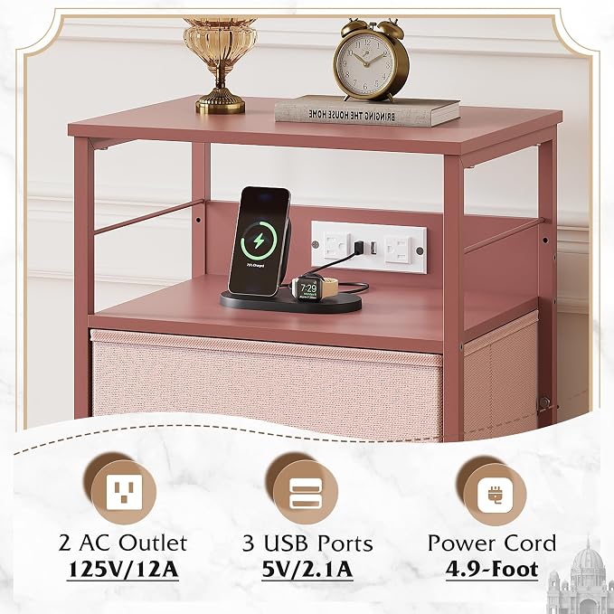 WLIVE Nightstand with Charging Station, 31.9" H Nightstand with 3 Fabric Drawers, LED Bedside Table with USB Ports and Outlets, End Table for Dorm, Bedroom, Entryway, Pink - Image 5