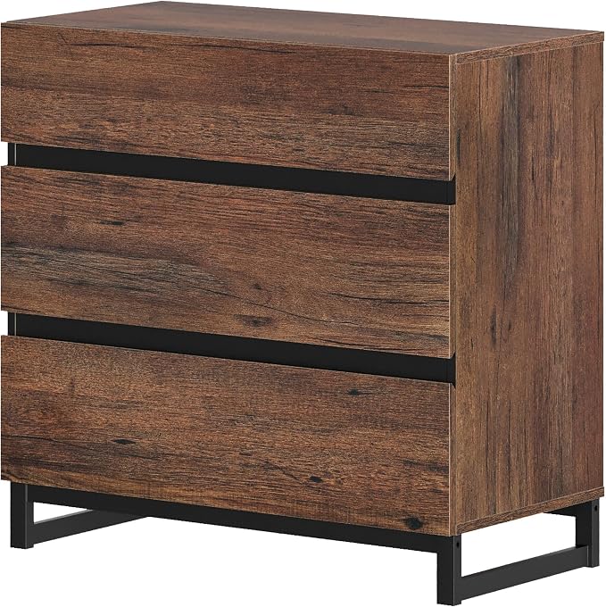 WAMPAT Nightstand with 3 Drawers for Bedroom, Modern Bedside Table with Black Square Metal Leg, Wood Rustic Side End Table, Brown - Image 7