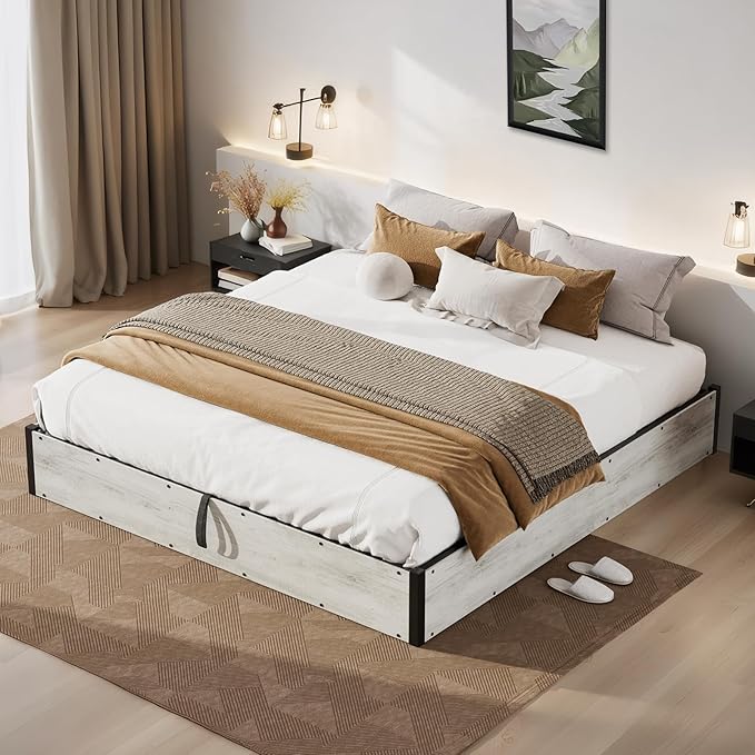 LUXOAK 3 Pieces Bedroom Sets, Includes Queen Size Lift Up Storage Platform Bed Frame, 2 Drawers Farmhouse Nightstand Set of 2 with Charging Station, No Box Spring Needed, White Oak