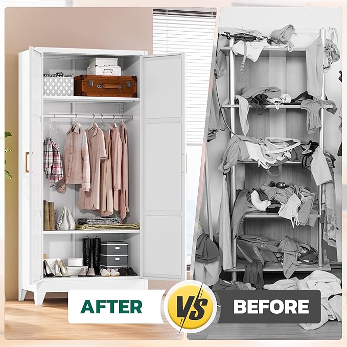 Greenvelly Metal Wardrobe Cabinet, 19" D x 34" W x 71" H Metal Wardrobe Closet with Hanging Rods and Adjustable Shelves,Clothing Storage Closet Cabinet for Bedroom, Cloak Room, Laundry Room (White)