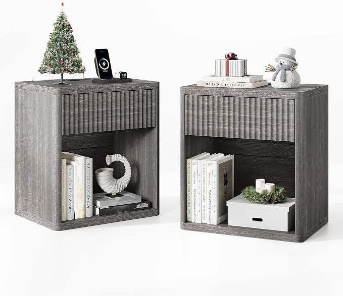 Fluted Nightstand Set of 2 with Drawer Bed Side Table Wide End Table Modern Night Stands with Large Storage Charging Station Mid Century for Bedroom Living Room Office,Gray 2 by TROJMHome