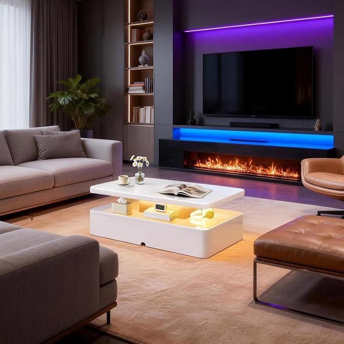 40" Modern Coffee Table with 16 Colors LED Lights, 2 Tier Rectangular Center Table with Large Storage Space, Stylish High Glossy Wooden Tea Tables for Living Room, Bedroom, Home Office, White