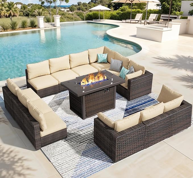 13 Piece Patio Furniture Set with Fire Pit Table All Weather PE Rattan Outdoor Sectional Sofa Couch with No-Slip Cushions for Garden, Poolside, Backyard (Beige)