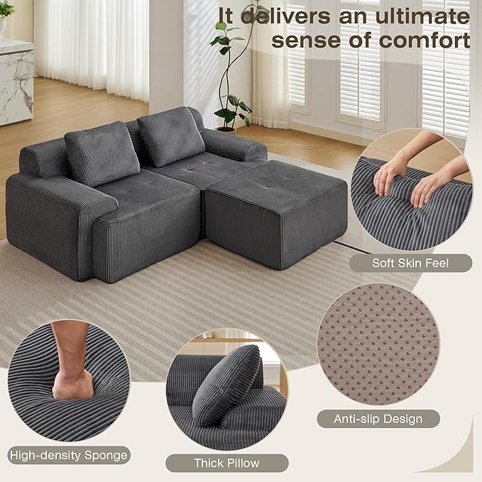 Modular Sectional Sofa, Boneless Couches for Living Room, Corduroy Couch, Big Comfy Couch, Modular Cloud Sofa with Deep Seat (Grey, 3 Pieces-L Shape)