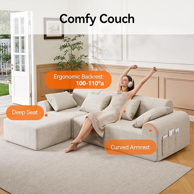 105.5" Cloud Boneless Sectional Sofa with Ottoman & 4 Pillows, L-Shaped 4-Seater Modular Couch for Living Room, Ultra Deep Seat Chenille Fabric Sofa, No Assembly Required, Beige