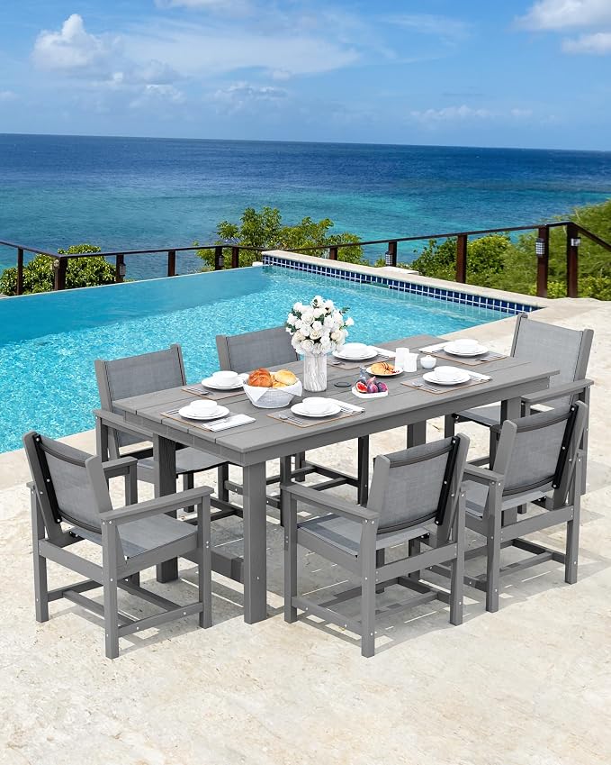 SERWALL 5 Piece Patio Dining Sets, Outdoor HDPE Dining Furniture Set with Umbrella Hole Cut-Out Table and 4 Woven Chairs, Gray - Image 8