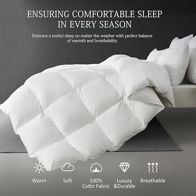 SHOUREN White Luxurious Goose Feather Down Fiber Comforter, All Season Hotel Collection Bed Comforter，Ultra Soft 100% Cotton Duvet Insert with Corner Tabs, Full Size 82"X86"