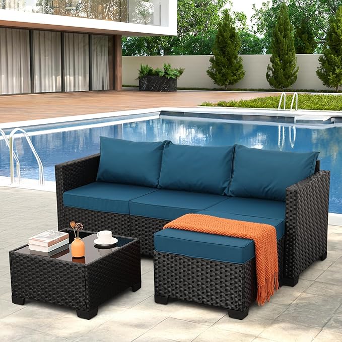 3 Pieces Patio Furniture Set Outdoor Sectional Wicker Patio Furniture Patio Couch with Ottoman and Outdoor Glass Table Weathering Anti-Slip Cushions Waterproof Covers, Peacock Blue