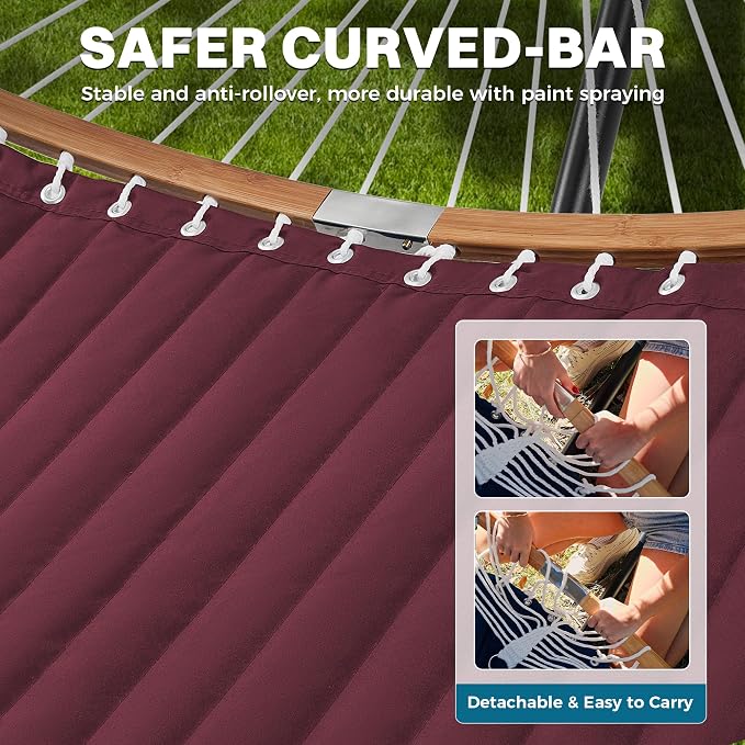 SUPERJARE Curved-Bar Hammock with Stand, 2 Person Heavy Duty Hammock Frame, Detachable Pillow & Portable Carrying Bag, Perfect for Outdoor & Indoor, Burgundy - Image 7